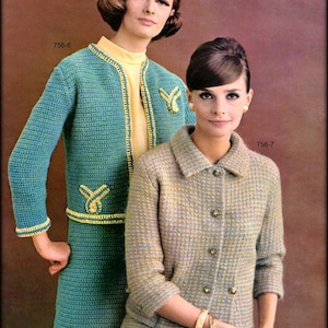 No.1185 Two Crochet Suits For Women PDF - 1960&#39;s Vintage Cardigan Sweater Jacket & Skirt Sets Retro Boho - Women&#39;s Crochet Pattern