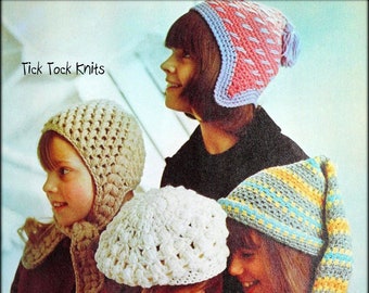 No.1259 Four Different Girl's Winter Hats Crochet Pattern PDF Vintage 1970's - Earflap Hat, Beret, Helmet - Size 10, 11, 12, 13, 14 Years