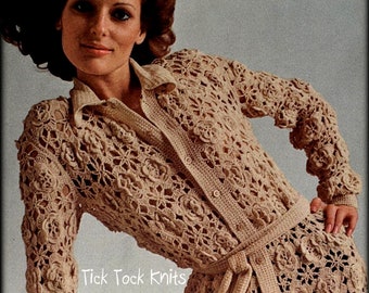 No.1176 Three-dimensional Layered-Petal Motif Cardigan Sweater Pattern For Women - 1970's Vintage Retro Crochet Pattern PDF