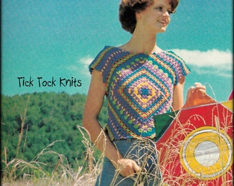 No.962 Vintage Crochet Pattern PDF 1970's - Women's or Teen Girl's Granny Square Slip-On - Short Sleeve Pullover Retro Summer Sleeveless Top