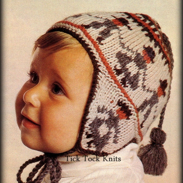 No.351 Baby Hat Knitting Pattern PDF vintage - Peruvian Dancing Farmers Fair Isle Earflap Hat - Taille 9 à 15 mois - Tricot rétro des années 1960