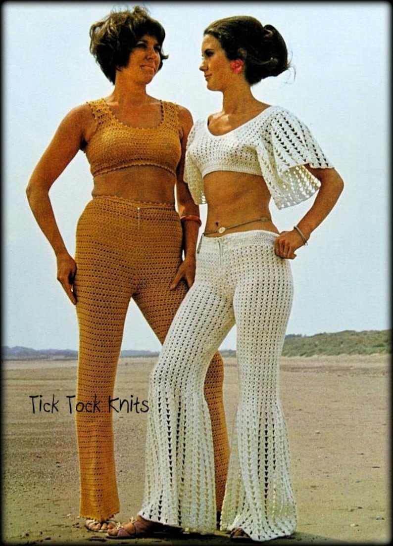 No.745 Crochet Pattern For Women PDF - 2 Crochet Crop Tops & Pants Sets - Pantsuits Beach Bikini Cover-Up 1970's Vintage Retro Boho 