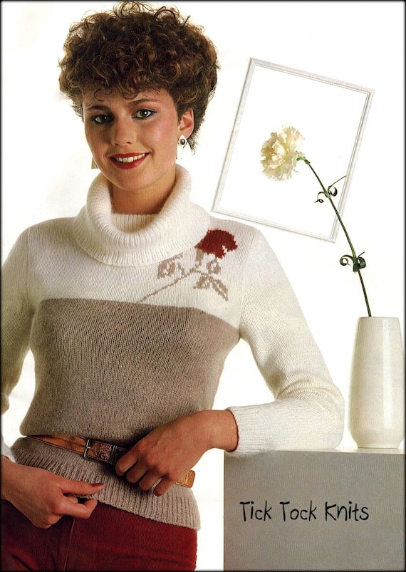 Cowl Neck Sweater With Intarsia Carnation Women's Knitting  Pattern PDF 1970's Vintage Pullover Sweater Teenage Girls