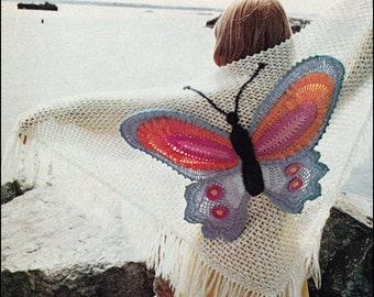 No.142 PDF Vintage Crochet Pattern Women's Butterfly Shawl - Colorful Triangular Shawl w/ Fringe - 1970's Retro Crochet Pattern
