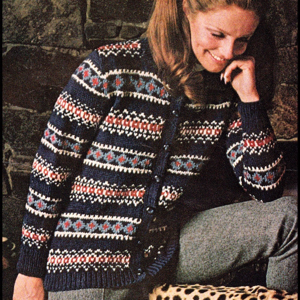 No.221 Vintage Knitting Pattern PDF For Women - Nordic Pattern Cardigan - Fair Isle Sweater Instant Download 32.5", 34", 36", 38", 40", 42"