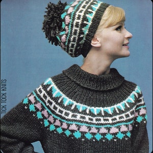 No.183 PDF Vintage Knitting Pattern Women's Fair Isle Ski Sweater & Matching Hat 1960's - Instant Download - Finished Bust Sizes 38", 42"