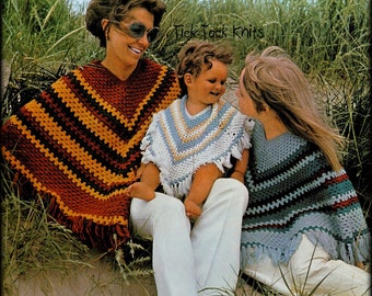 No.787 Patrón de crochet para mujeres, niñas y bebés pequeños PDF Vintage - Poncho para damas - Patrón de crochet boho retro de los años 70