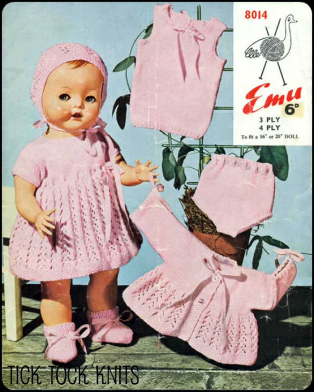 No.10 PDF Vintage Knitting Pattern for 16 & 20 Dolls Dress, Jacket, Vest, Bootees, Knickers