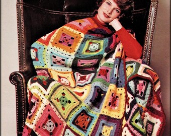 No.1287 Flamboyant Afghan Crochet Pattern PDF - 1970's Vintage Retro Granny Square Blanket Throw Bedspread For Women, Men, Children, Kids