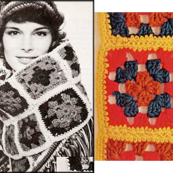 Ensemble écharpe carrée n° 1313 et chapeau - modèle PDF au crochet vintage des années 1970 - rétro automne hiver pour femmes - téléchargement numérique instantané