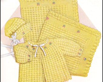 Nr 146 Virkmönster PDF Vintage Baby's The Marguerite Set - Tröja, Mössa, Babyfilt - Nyfödd till 6 månader - Direktnedladdning