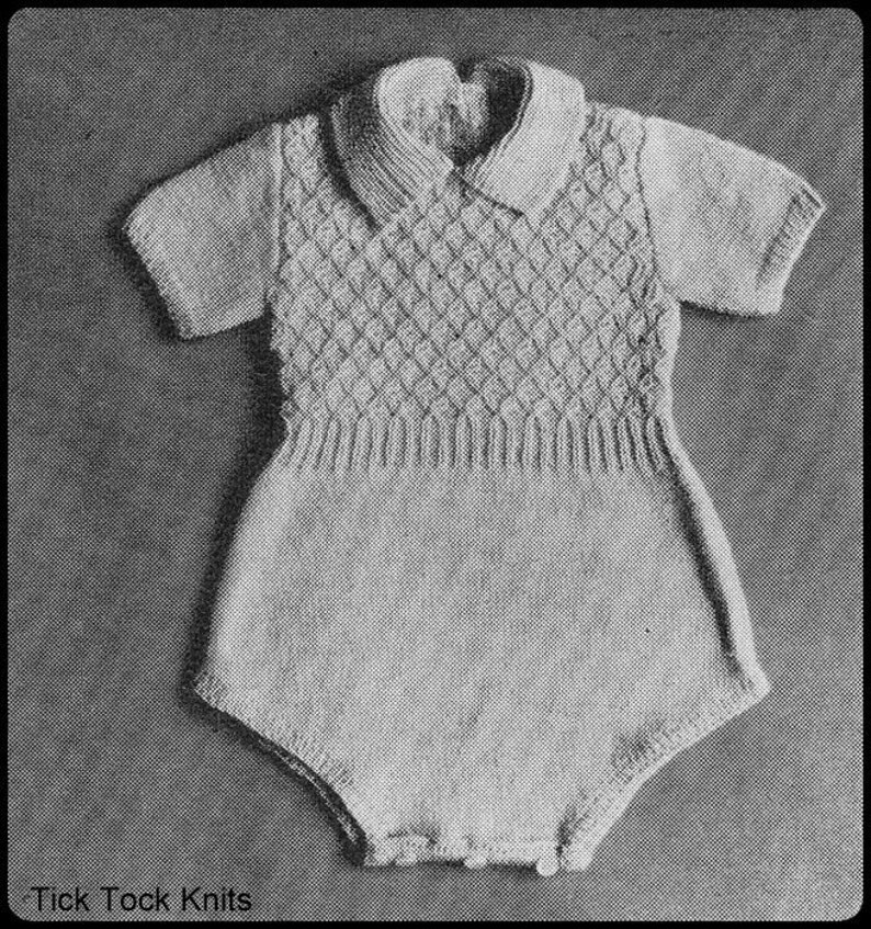 No.179 PDF Vintage Knitting Pattern Baby Boy's or Girl's Diamond Stitch Romper Sizes 6, 12, 18, 24 Months Instant Download image 1