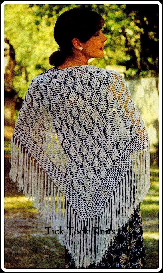 PDF Vintage Crochet Pattern 1970's Women's Cluster Stitch Shawl  Triangular Shawl w/ Fringe Retro Crochet Pattern