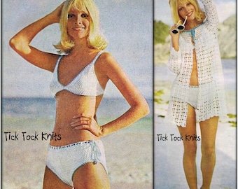 No.661 Crochet Pattern For Women Vintage PDF - Bikini & Matching Cover-Up Beach Coat - Bathing Suit Cardigan Sweater - 1970's Retro Bohemian