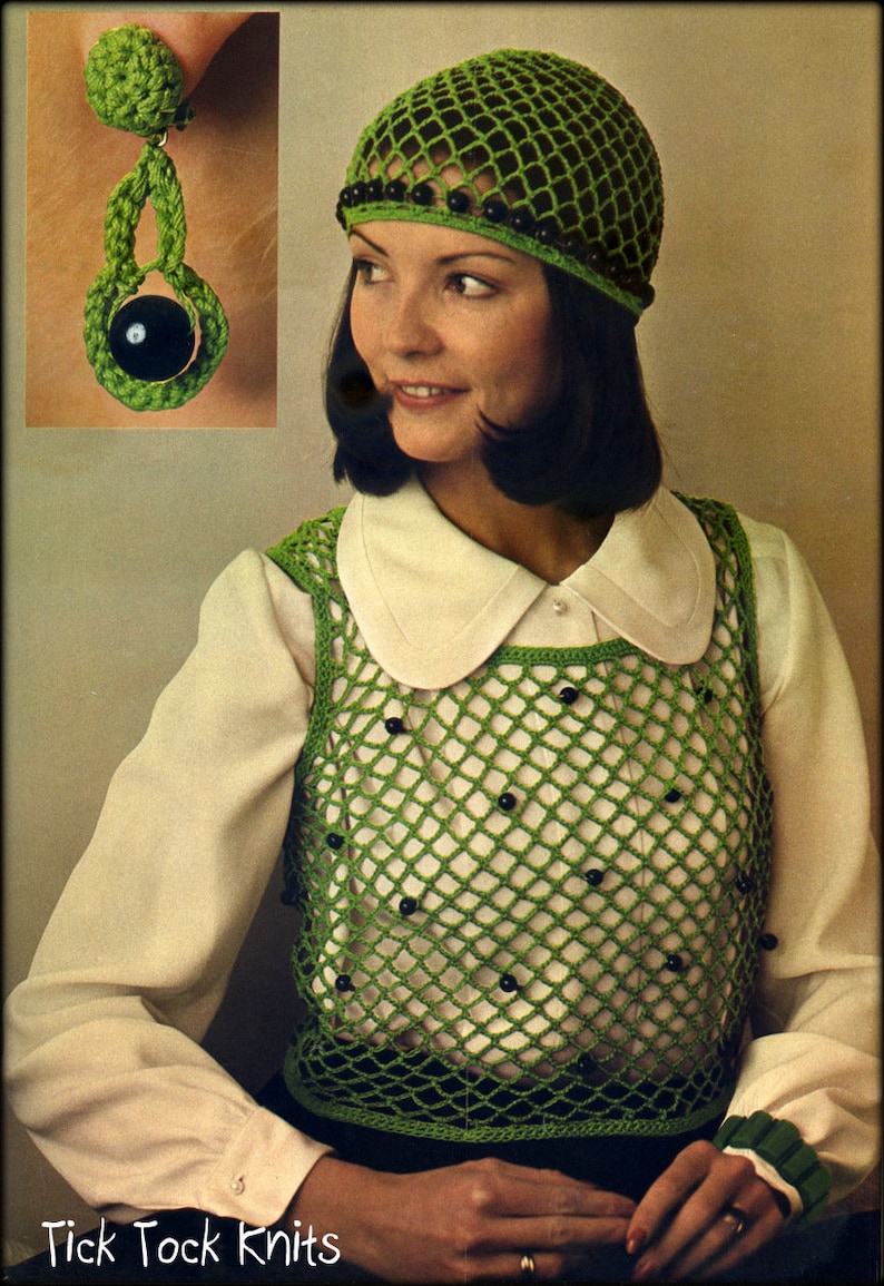 May include: A green crocheted vest with black beads, a green crocheted hat with black beads, and a white collared shirt. The text "Tick Tock Knits" is at the bottom of the image.