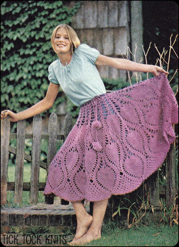 No.116 PDF Vintage Crochet Pattern Women's Pineapple Crochet Skirt & Poncho  w/ Pompon Drawstring - 1970's Retro Crochet Pattern