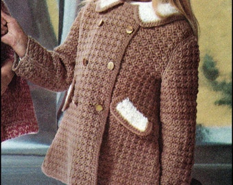 No.108 PDF Vintage Crochet Pattern Girl's Double Breasted Coat - Instant Download - Retro Crochet Pattern Sizes 6, 8, 10, 12 Years Old