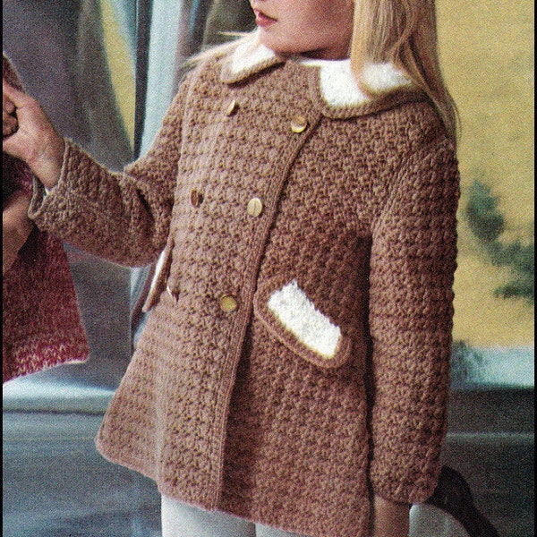 No.108 PDF Vintage Crochet Pattern Girl's Double Breasted Coat - Instant Download - Retro Crochet Pattern Sizes 6, 8, 10, 12 Years Old