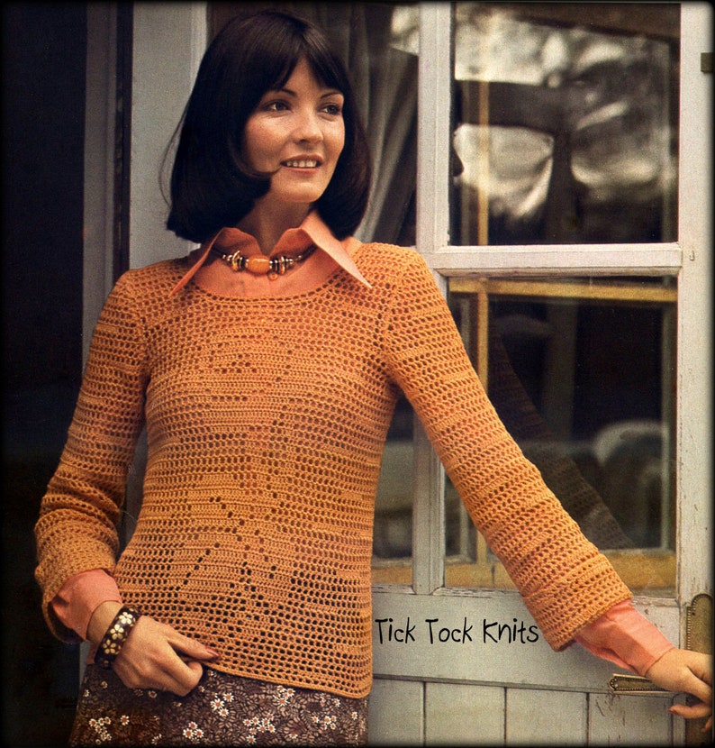 1970/'s Vintage Retro Teenage Girl Women/'s Cotton Pullover No.1071 A Single Rose Filet Crochet Sweater Pattern PDF Instant Download