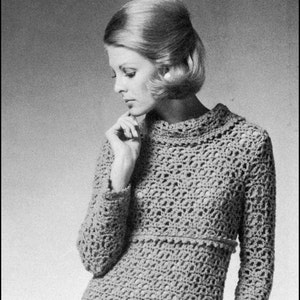 No.195 Vintage Crochet Pattern PDF - Instant Download - Women's Cowl Neck Empire Waist Dress - 1960's Retro Pattern - Bust 36", 40", 44"