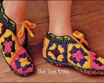 No.1302 Surefooted Slippers Crochet Pattern PDF For Women & Teenage Girls - 1970's Vintage Retro Granny Square Crochet - House Shoes