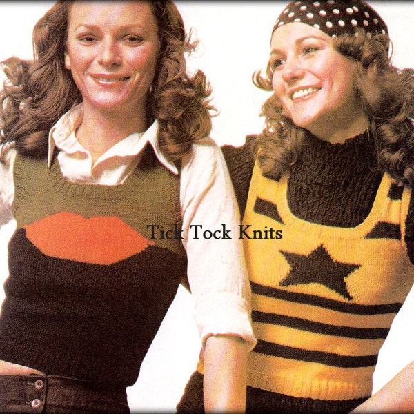 No.459 PDF Vintage Intarsia Knitting Pattern For Women & Teen Girls - Pop Art Cropped Vests - Retro Boho 1970's Knitting Pattern