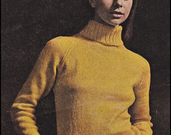 No.216 PDF Vintage Knitting Pattern For Women - Turtleneck Raglan Dress - 1970's Pattern Bust Sizes 32.5", 34", 36", 38"