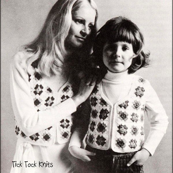 No.1317 Mother & Daughter Granny Square Boleros - Women's, Girl's, Teenage Crochet Pattern PDF - Vintage 1970's Retro Boho