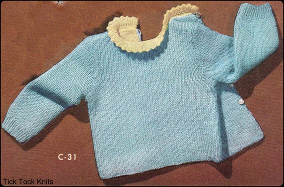 No.201 Baby Knitting Pattern PDF Vintage Button-back Sweater w/Picot Collar  0 - 3 Months, 3 - 6 Months, 6 - 12 Months - Instant Download
