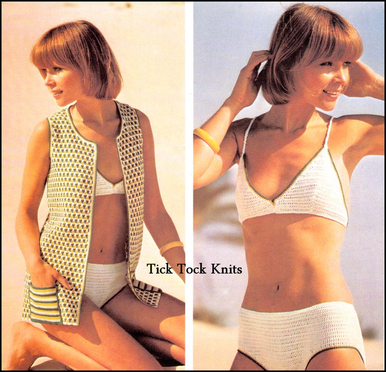 No.407 Women's Vintage Crochet Pattern - Crochet Bikini & Cover Up / Vest With Pockets - Bathing Suit Beach - 1970's Retro Crochet Pattern 