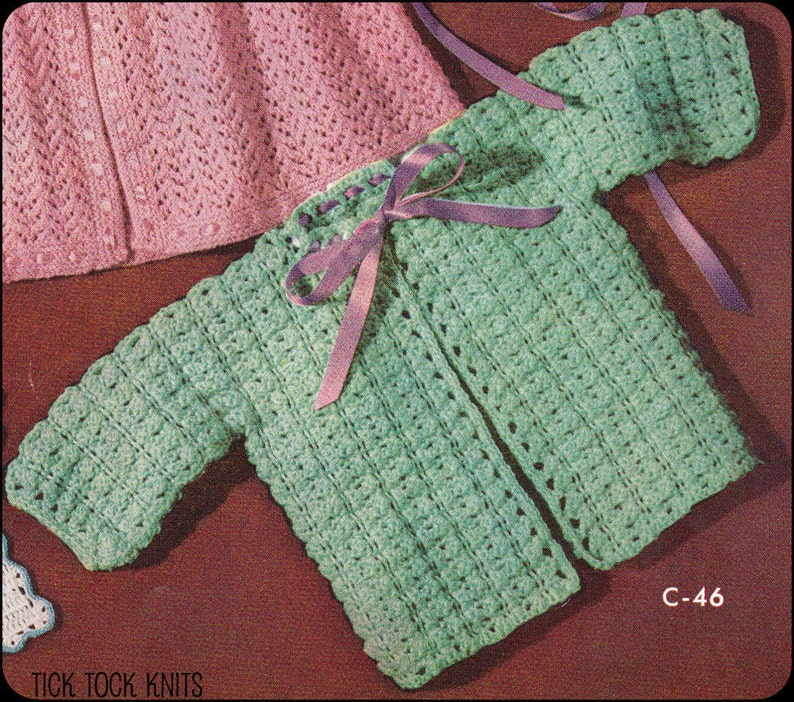 No.113 PDF Vintage Crochet Pattern Baby's Lunching Out Set Cardigan & Ribbon Trimmed Bonnet Size 6 12 Months Instant Download image 2