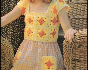 No.233 PDF Vintage Crochet Pattern - Child's Granny Square Dress Sewn Fabric Skirt & Pockets - 4, 6 Years - Retro Crochet - Instant Download