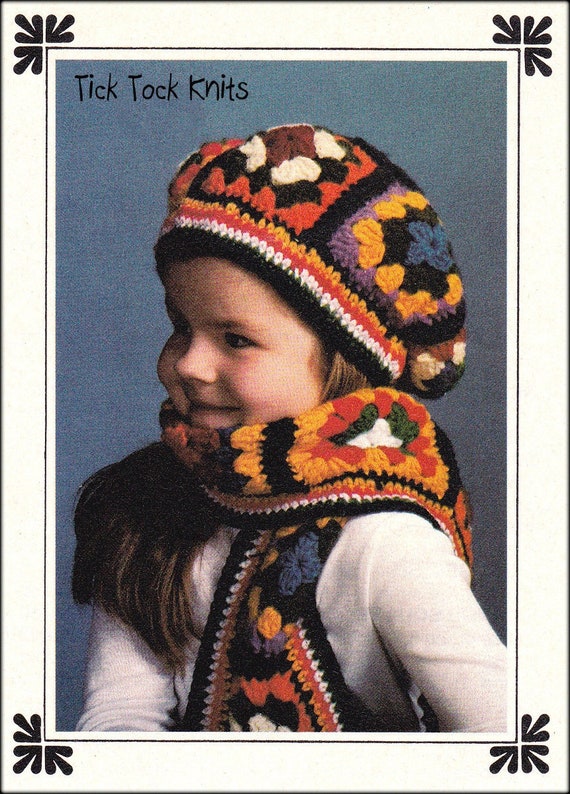 Grand-mère carré enfant, bonnet et écharpe au crochet