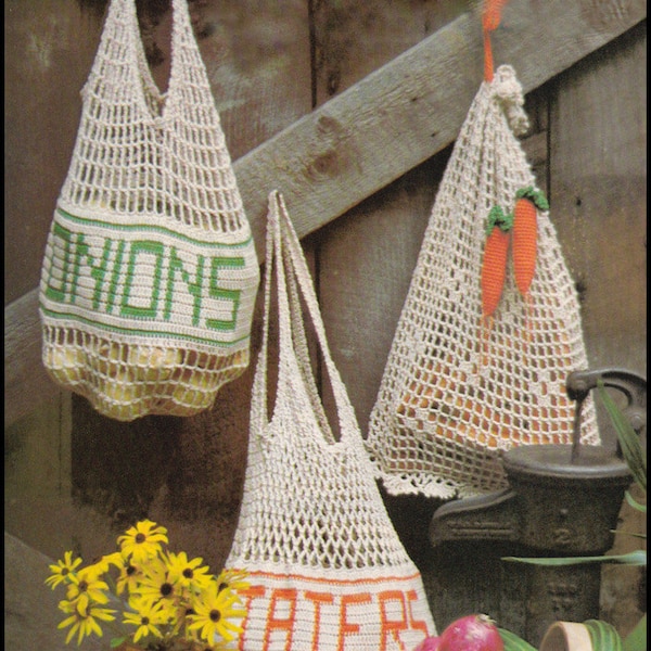 No.231 Crochet Pattern vintage PDF - Sacs de marché de produits en maille - Pommes de terre, oignons et carottes - Modèle de crochet rétro des années 1970 - Nourriture