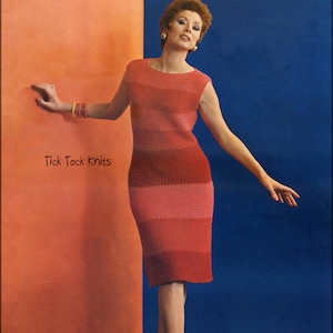 May include: A woman wearing a sleeveless, pink and red striped crochet dress. The dress has a simple, fitted silhouette. The background is a split orange and blue wall. The text "Tick Tock Knits" is visible in the lower left corner of the image.