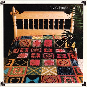 May include: A colorful crocheted blanket with a variety of squares in different colors and patterns, including black, red, green, yellow, and blue. The blanket is laid out on a bed with a wooden headboard. The text "Tick Tock Knits" is visible at the top of the image.