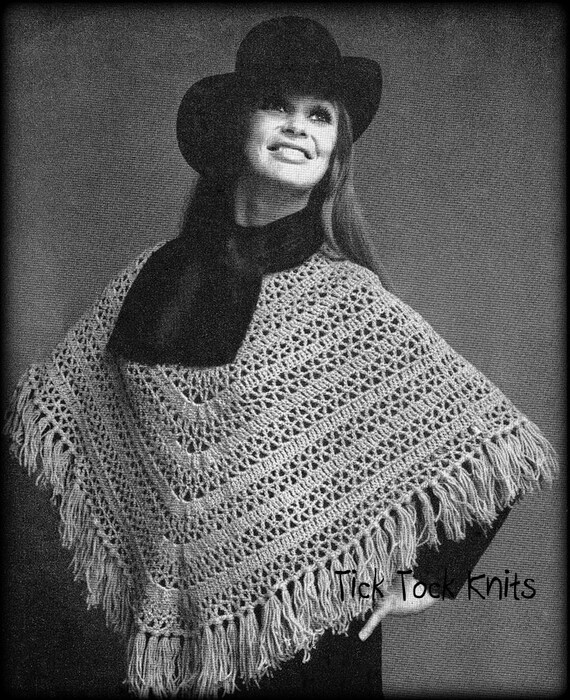 No.704 Women/'s Poncho Crochet Pattern PDF Vintage Lace 1970/'s Retro Boho Crochet Pattern Fringed Poncho