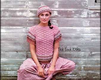 1970/'s Vintage Retro Teenage Girl Women/'s Cotton Pullover No.1071 A Single Rose Filet Crochet Sweater Pattern PDF Instant Download