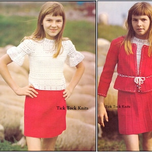 No.424 Girl&#39;s Crochet Pattern PDF Vintage  - Blouse, Skirt & Jacket Set - 1970&#39;s Crochet Sweater Top Coat - Size 8, 10, 12 Years