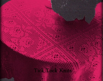 May include: A close-up of a pink crocheted tablecloth with a delicate floral pattern. The tablecloth is draped over a table and has a fringe border. The text "Tick Tock Knits" is visible in the lower right corner of the image.