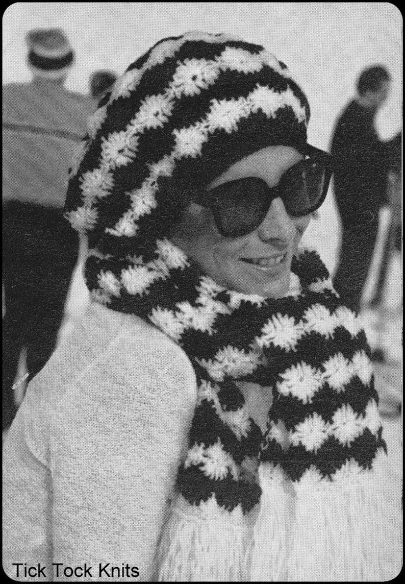 No.156 PDF Vintage Crochet Pattern Women's Snowflake Stripes Scarf & Beret Crocheted In Sport Weight Yarn Instant Download image 1