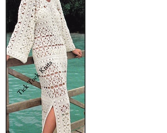 No.372 PDF Crochet Pattern Vintage 1970's - Women's Crochet Flower Motif Caftan / Long Dress / Bathing Suit Cover-Up - Retro Crochet Pattern