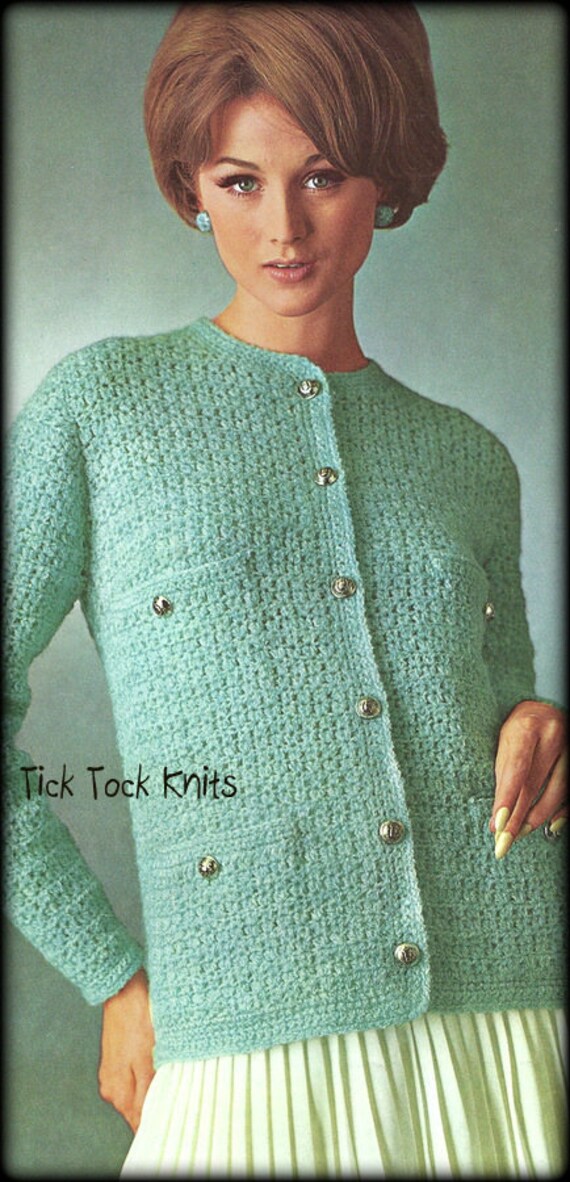 No.615 Crochet Pattern For Women Quad Pocket Cardigan Sweater PDF Vintage 1970 s Retro Crochet Pattern