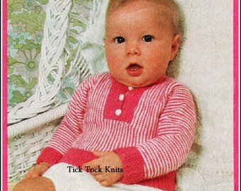 No.338 Baby Knitting Pattern - PDF Vintage - Boy's or Girl's Striped Sideways Sweater - Size Newborn to 24 Months 1960's