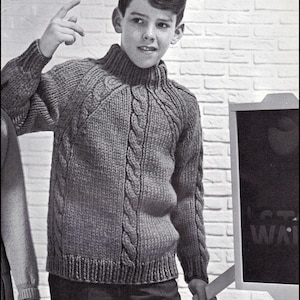 No.149 PDF Vintage Knitting Pattern Boy&#39;s Quick Knit Cabled Raglan Sweater - Sizes 4, 6, 8, 10, 12, 14 Years - Instant Download