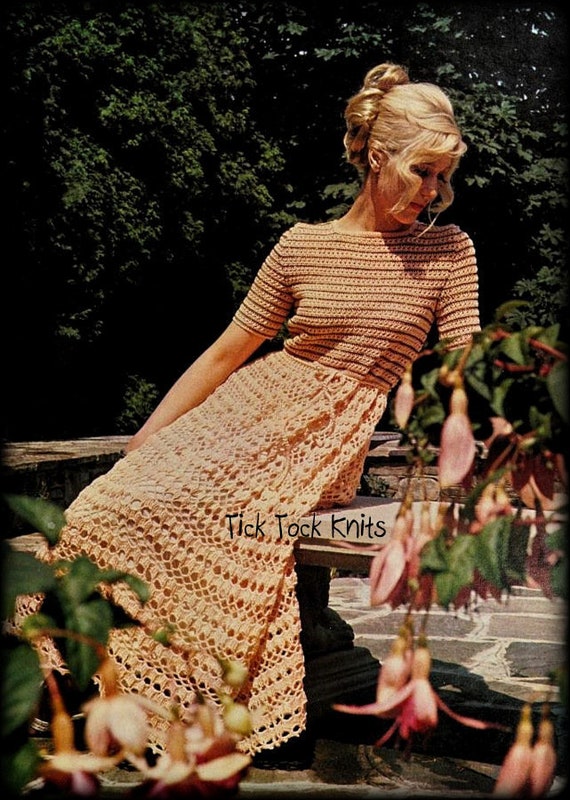 Crochet Dress Pattern For Women or Teenage Girls PDF Vintage  Apricot Gown 1970's Retro Boho Crochet Pattern