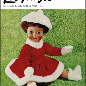 May include: A knitting pattern for a doll outfit. The pattern is for a red dress with white trim, white mittens, and white booties. The pattern is from Lee Target and requires 4 ounces of Motoravia Double Knitting Wool. The pattern number is 6310 and costs 9d.
