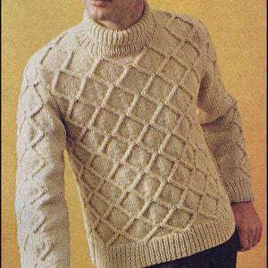 No.219 Vintage Knitting Pattern PDF Men's Diamond Aran Turtleneck Pullover Sweater 1960's - Instant Download