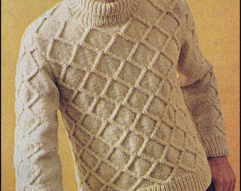 No.219 Vintage Knitting Pattern PDF Men's Diamond Aran Turtleneck Pullover Sweater 1960's - Instant Download