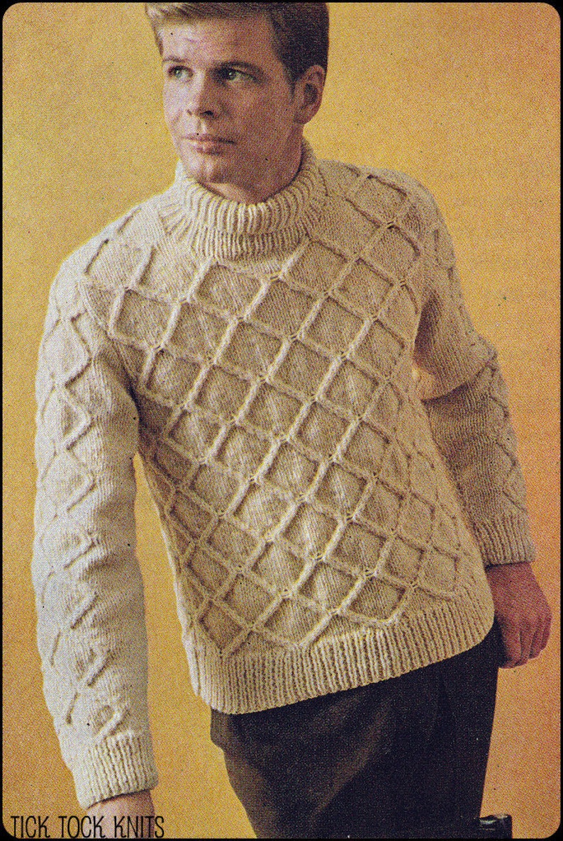 No.219 Vintage Knitting Pattern PDF Men's Diamond Aran Turtleneck Pullover Sweater 1960's Instant Download image 1